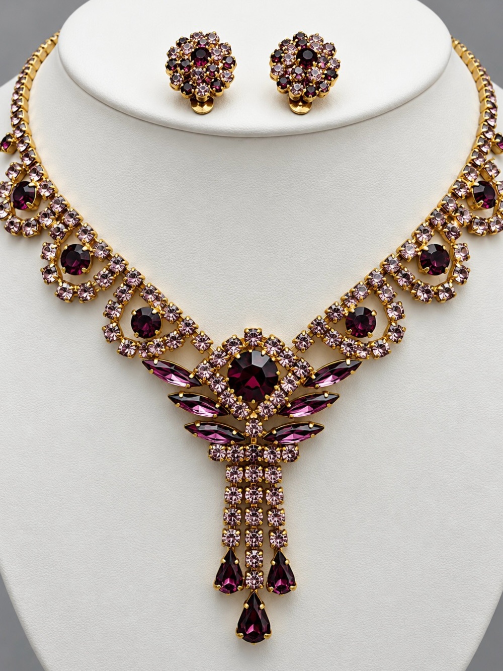 Vintage Purple Rhinestone Statement Necklace & Earring Set